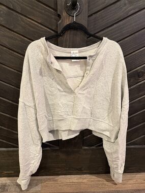 aerie Light Gray Cropped Henley Sweatshirt